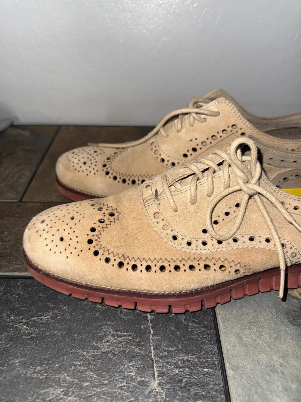 Cole Haan Beige Suede Wingtip Brogue Derby Shoes